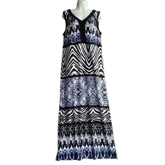Chicos 2 Kit Ikat Print Jersey Maxi Dress V-Neck Blue Black White Sleeveless L - Picture 1 of 4